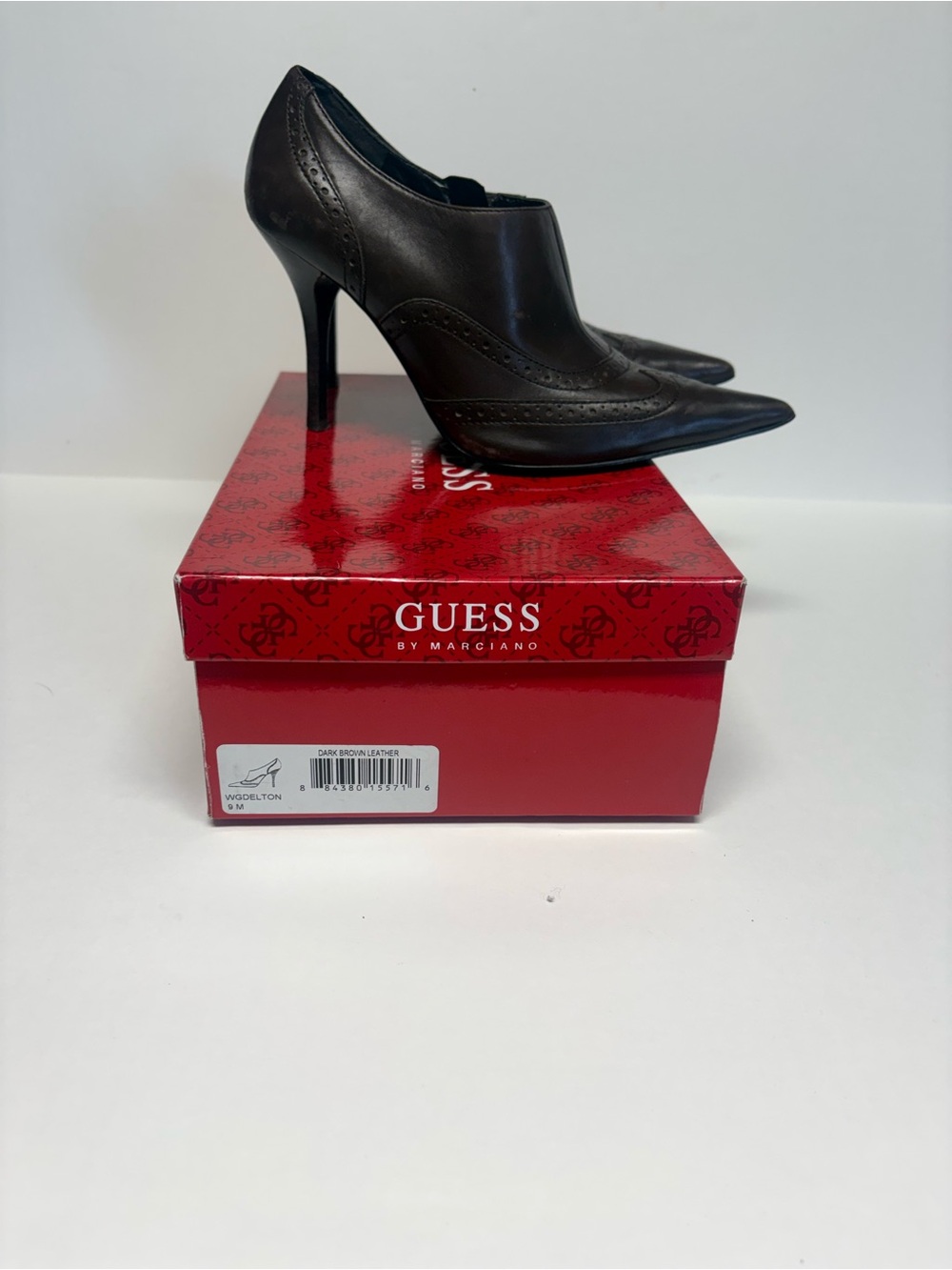 GUESS Dark Brown Leather Pointed Toe High Heel Booties